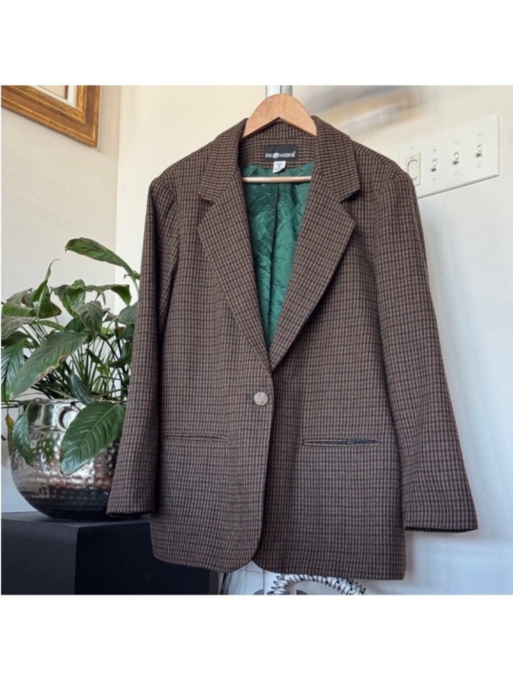 Vintage 90s Retro Sag Harbor Collegiate Houndstooth Plaid Blazer Jacket Sz 16